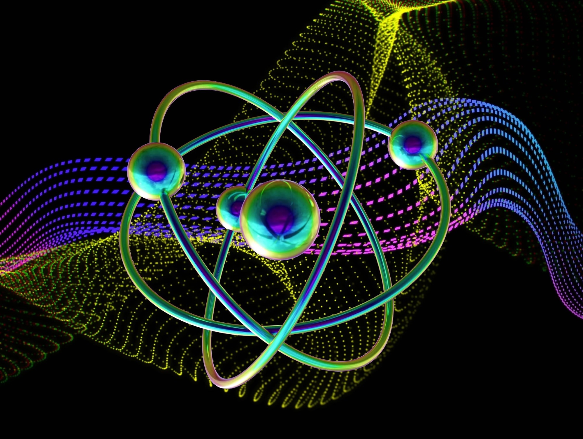 A vector illustration of an atom on top of a wave.
