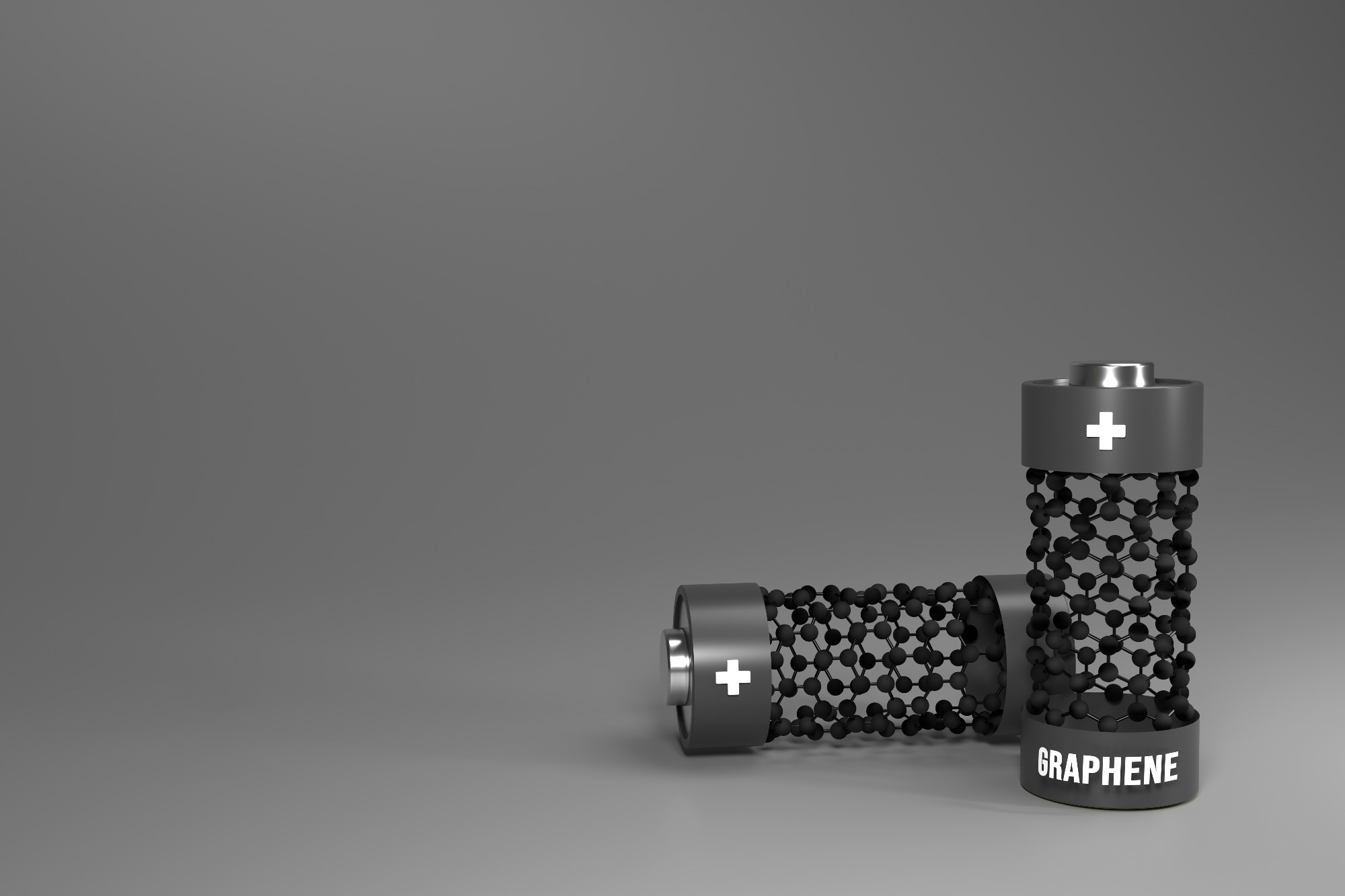 3D rendering of graphene batteries with a molecular structure design, showcasing their unique carbon lattice structure