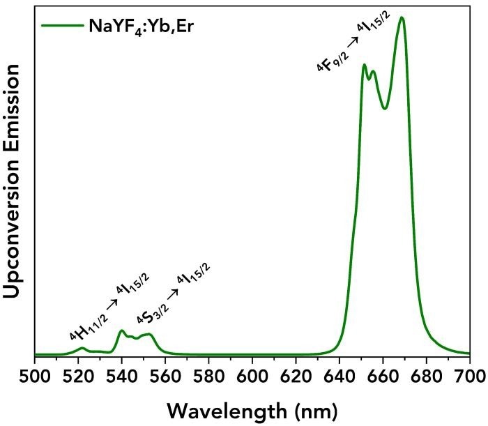 Upconversion emission spectrum of the UCNPs acquired using a 2 W 980 nm laser diode in CW mode and the PMT-900