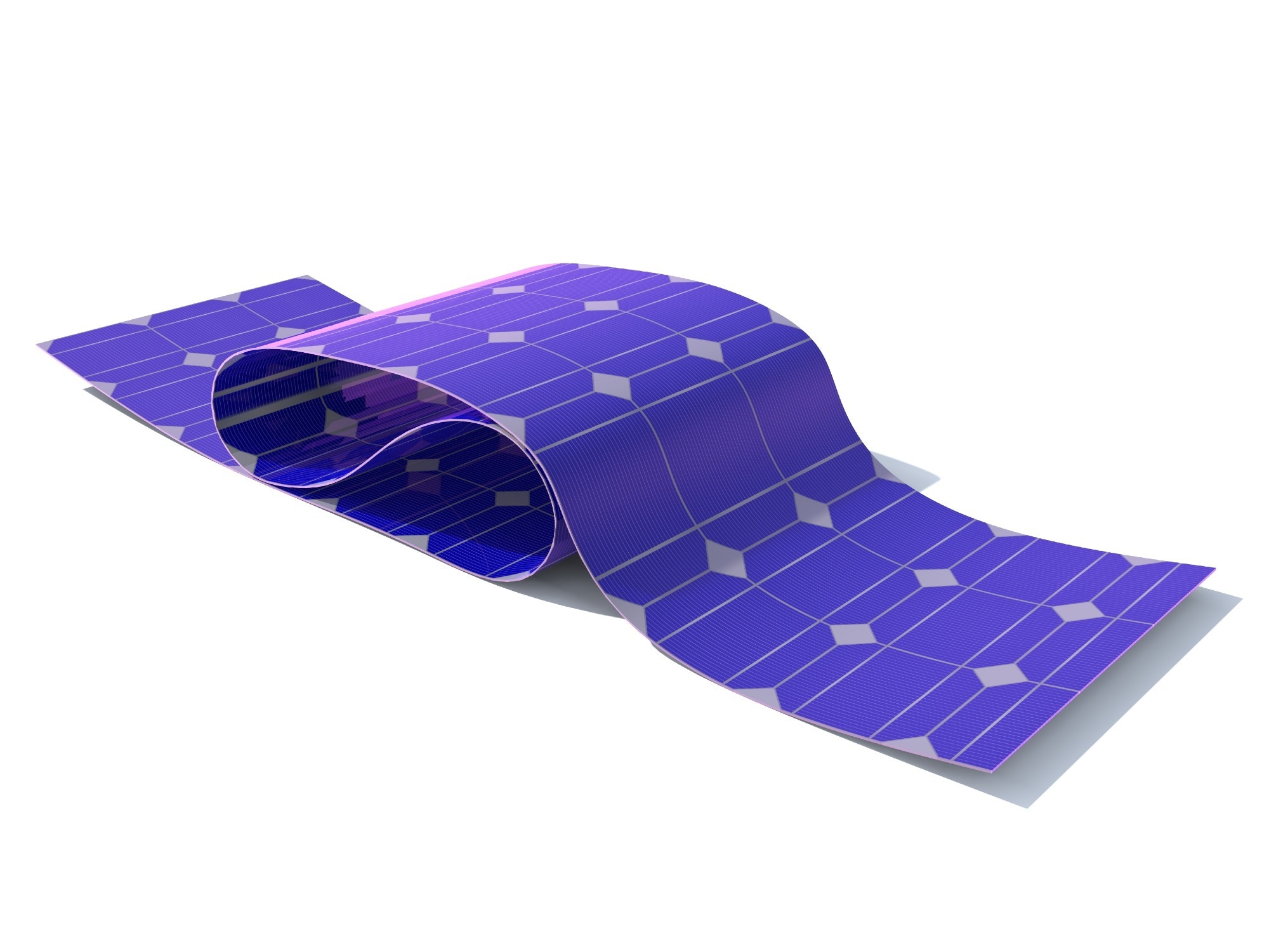 Flexible solar panel with a curved design, featuring a grid of photovoltaic cells, representing advancements in flexible electronics and renewable energy technologies.