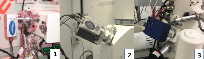 Three generations of Evactron plasma cleaners mounted on SEMs. 1) Evactron 10 plasma radical source in 2004 with the first servo control of pressure, 2) Evactron 25 plasma radical source with shroud over the valve manifold, and 3) Evactron E50 plasma radical source released in 2018 gives high performance cleaning at 50 watts, has an external hollow cathode and lower cost