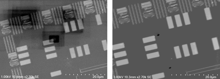 The NIST contamination reference sample before (left) and after (right) plasma cleaning