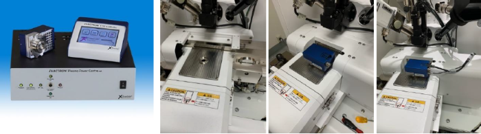 The Evactron E16 and it’s installation on a JEOL JXA-iHP200F. The flange adapter allows the E16 to flush-mount on the top of the load lock and avoid collision with the fiber optic cable and camera on the main chamber