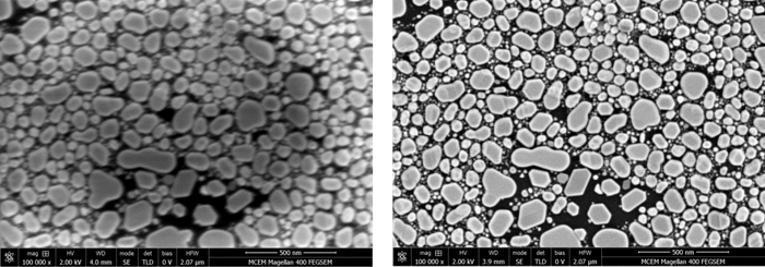 Images of a sputtered gold on carbon standard contaminated with hydrocarbons before (left) and after (right) Evactron plasma cleaning for 10 minutes at 20 watts power. The images were taken in a TFS/FEI Magellan 400 FEGSEM at 2 kV and 100,000X indicated magnification