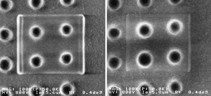 CD test pattern showing fill-in of the holes during scanning (left) while after in situ cleaning of the chamber and specimen, a repeat of the measurement shows no filling of the holes and a much reduced scan mark