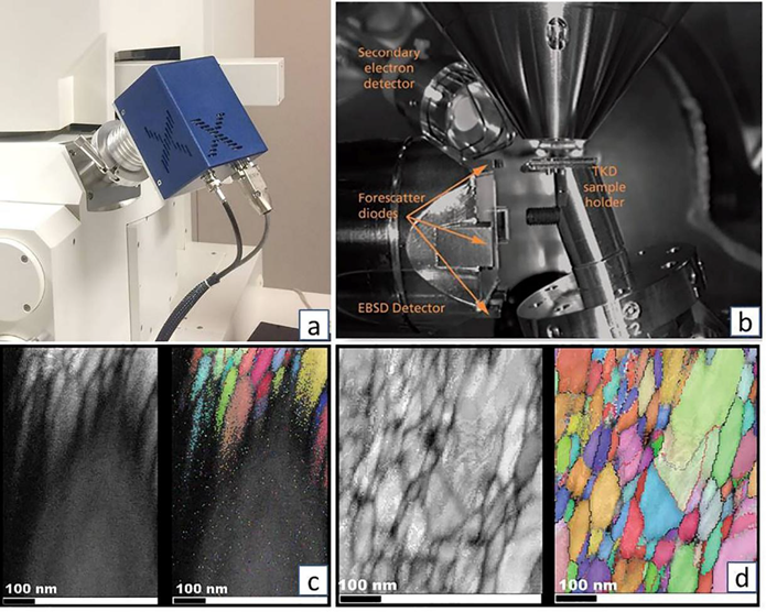 (a) An Evactron E50 E-TC mounted on a SEM chamber port, (b) detector array around the sample, (c) deterioration of map due to contamination buildup and drift, (d) plasma cleaning prior to data collection results in good pattern quality and indexing throughout the analysis