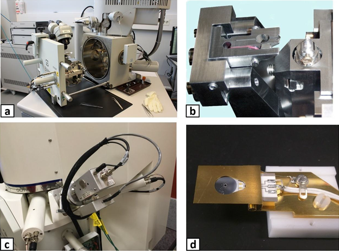 Hardware utilized for SBFSEM experiments: a) a typical SBFSEM system, b) details of the Gatan 3View microtome, c) the Evactron EP plasma cleaner mounted on the Zeiss Sigma SEM chamber, d) a contaminated backscatter detector