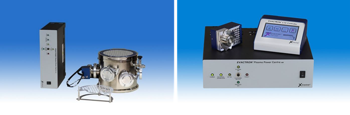(Left photo) A complete Evactron E16/SoftClean system includes the SoftClean vacuum chamber with specimen rack and the Evactron E16 plasma cleaner including the plasma radical source, controller, E-TC touchpad and cables. The modular system easily fits into small benchtop spaces. (Right photo) The Evactron E16 plasma cleaner can be attached to a SEM by means of a flush-mount system as shown or by means of a KF40 adapter
