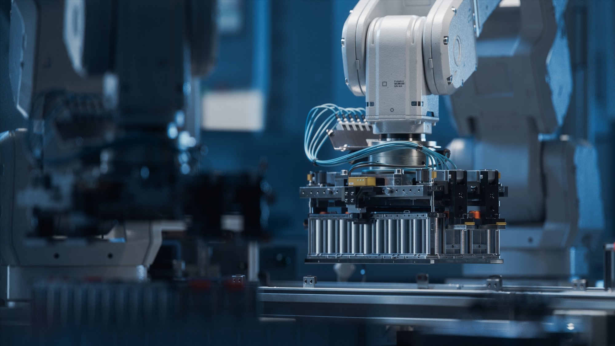 Robotic arm assembling components in a high-tech manufacturing environment