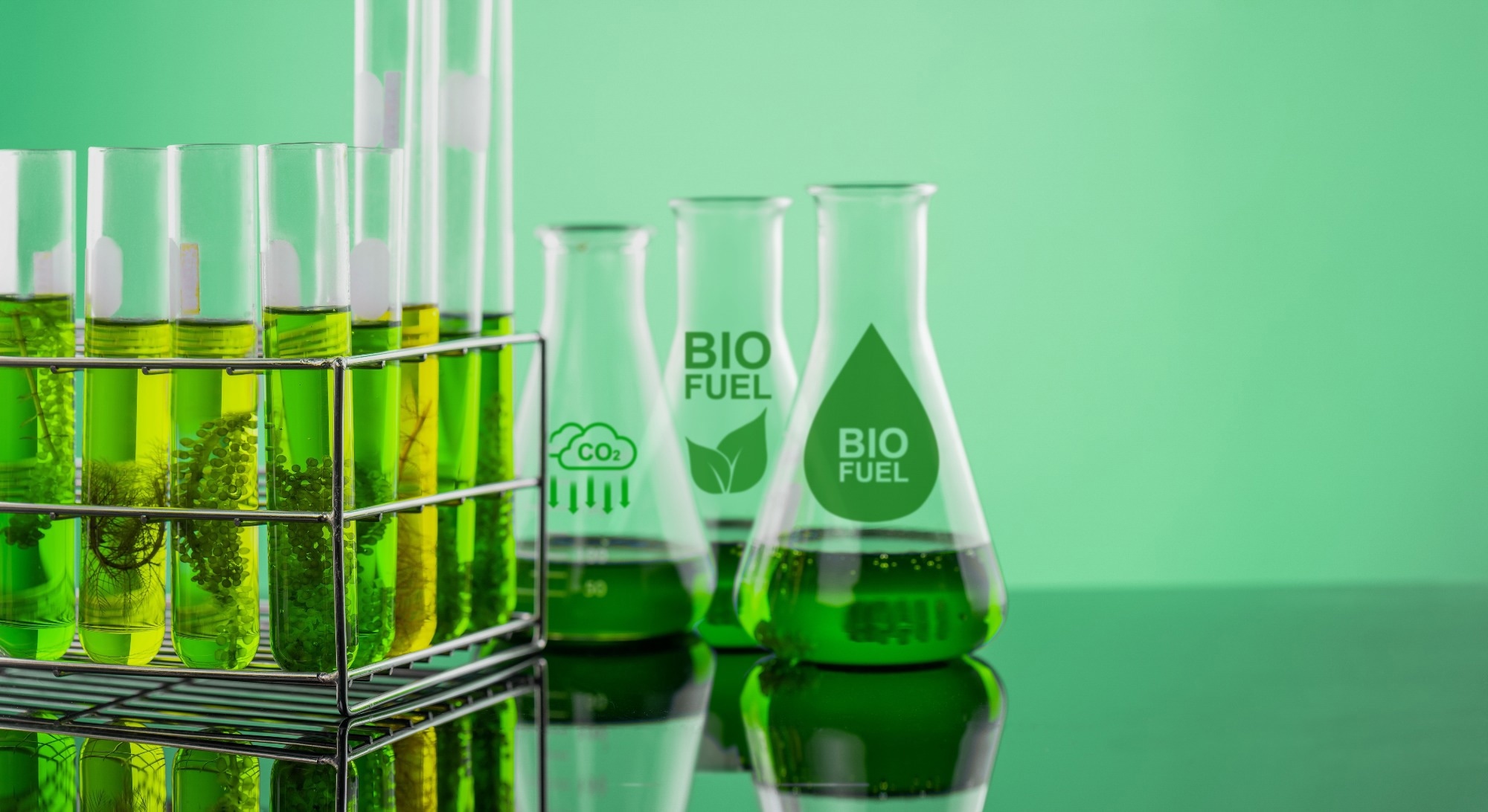 Laboratory setup with test tubes and beakers containing green liquid, representing biofuel research. The beakers are labeled with