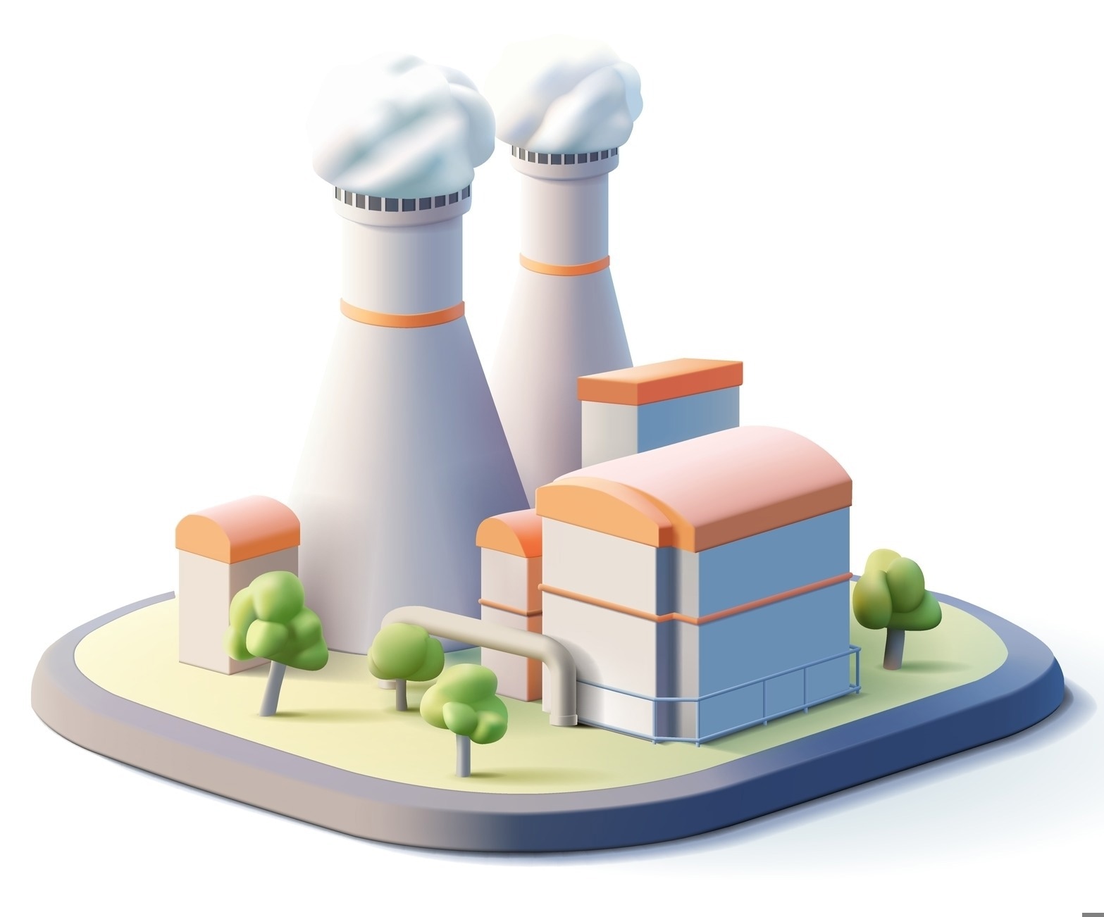3D illustration of a nuclear power plant with cooling towers and trees on a grassy area. The plant is designed in a stylized, cartoonish style with soft colors.