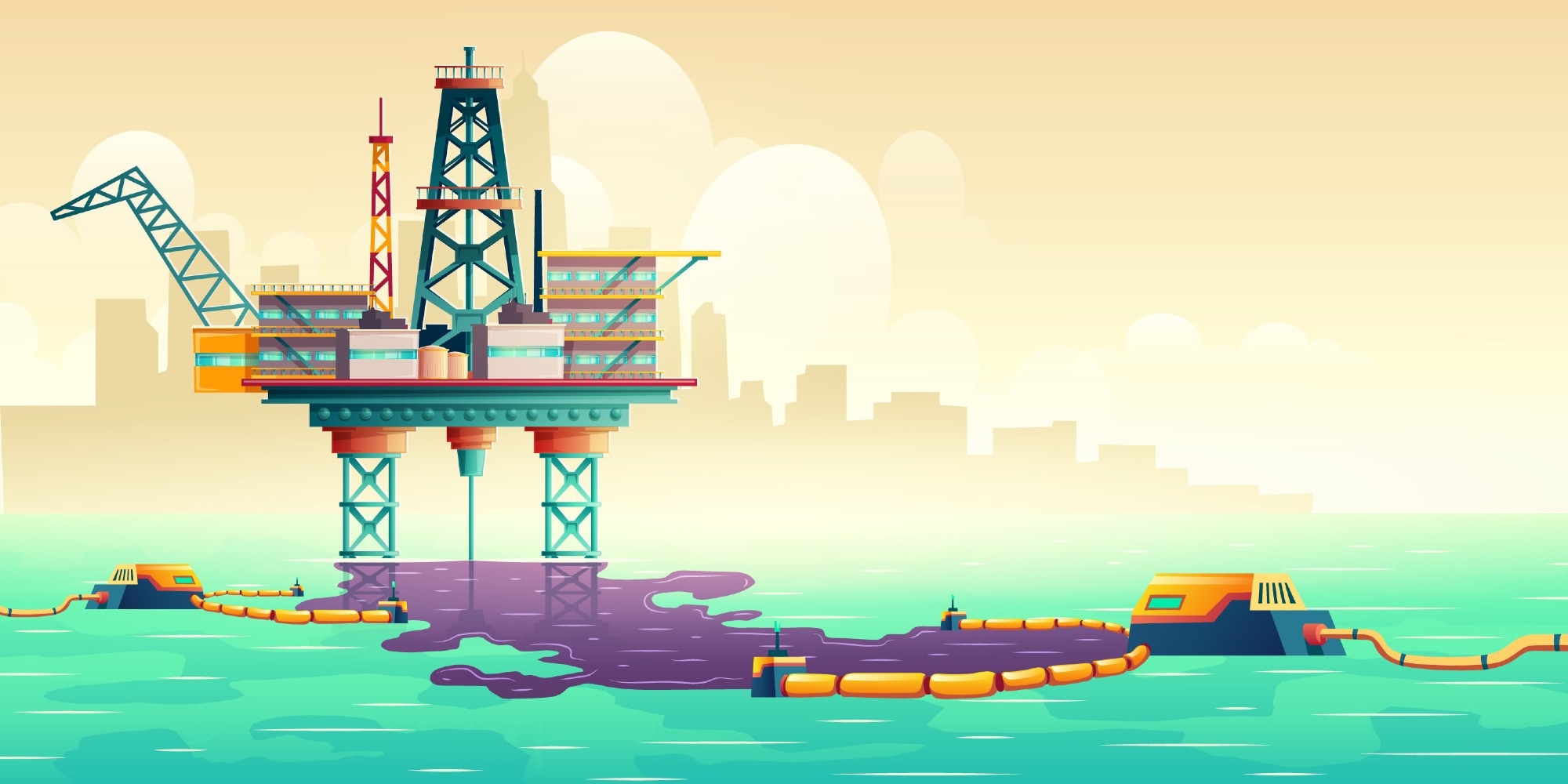 A stylized illustration of an offshore oil rig with a floating containment boom in the water to manage an oil spill. The rig is positioned above the ocean with oil spreading on the water