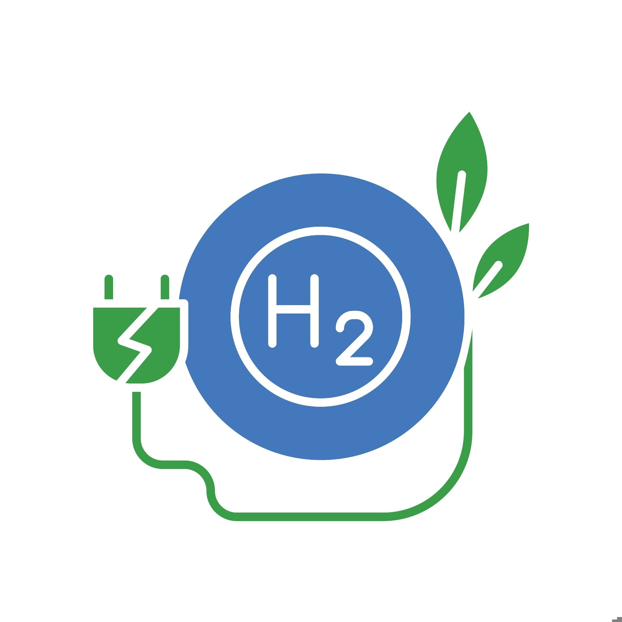 Illustration of clean hydrogen energy concept showing an H2 symbol inside a blue circle, connected to a green electrical plug and stylized leaves
