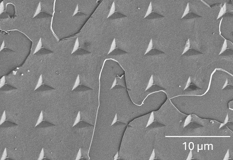 Berkovich nanoindentation map displaying imprints across carbides and matrix in steel, illustrating microstructural variations in deformation response