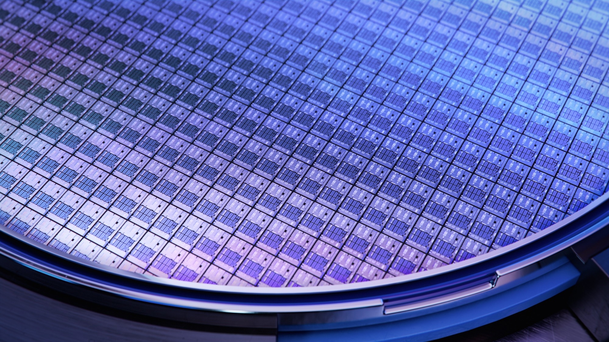 Macro Shot of a Silicon Wafer with Computer Chips during Manufacturing Process at Fab or Foundry
