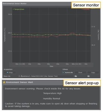 Captured SmartScanTM for environment monitoring. Changes in real-time temperature and humidity can be checked with plot charts, and if it is out of the designated range, the researcher is informed by alert pop-up
