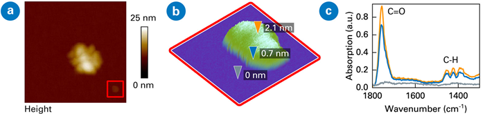 (a) Topography with scan size 500x500 nm and (b) IR map of 100x100 nm on a selected nanocontaminant (2 nm height, 35 nm diameter), and IR spectra on substrate and nanocontaminant. Sample courtesy of EAG Laboratories