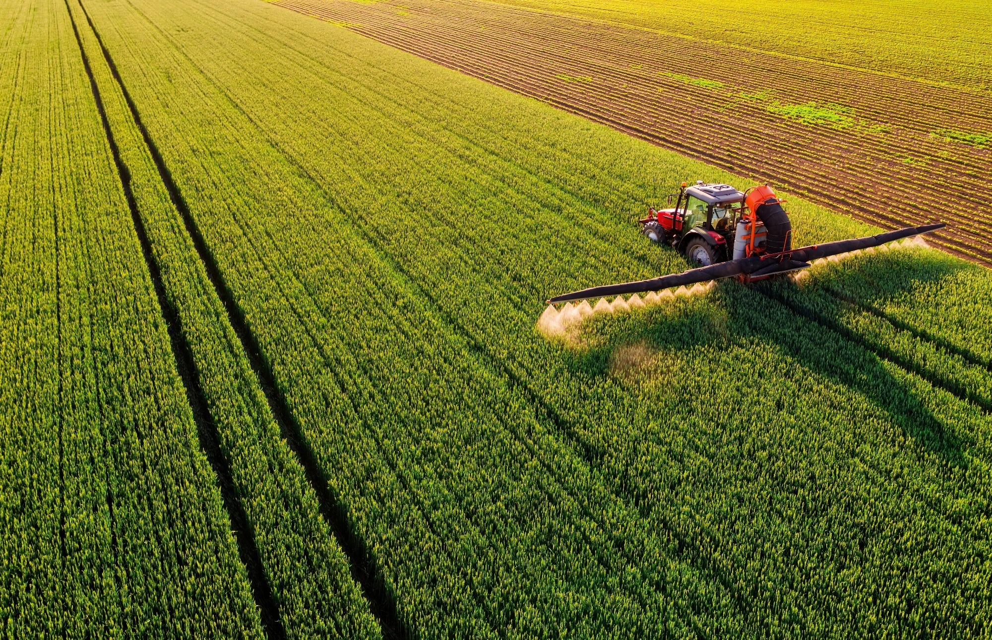 A tractor spraying a field with water/fertilizer.