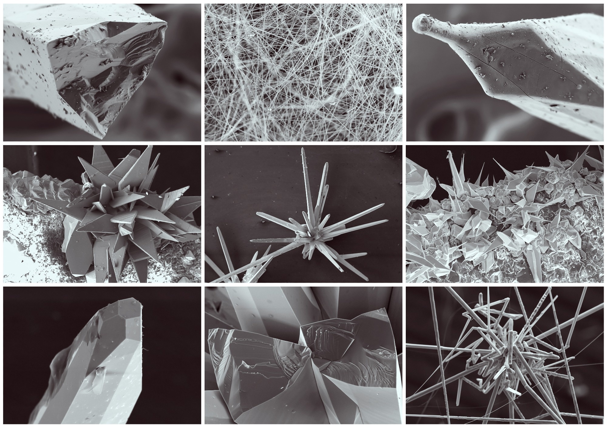 Collage of nanotechnology materials: whiskers, clusters, probe tip. Nanotechnology collage. Seen through SEM microscoepe with multiple increase in zoom in.