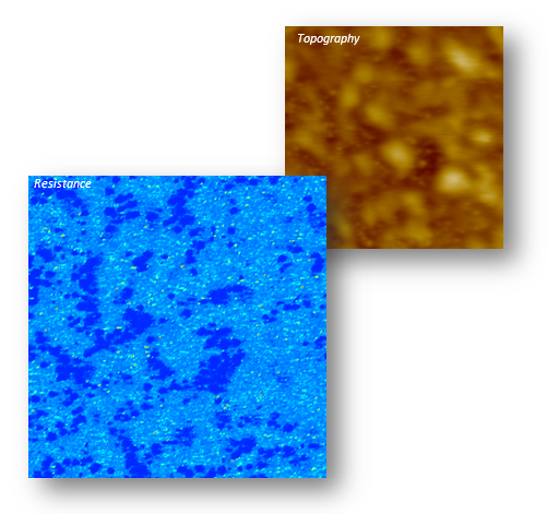 Soft ResiScope™ analysis of a P3HT/PMMA organic solar cell active layer (10x10 µm scan). While the topography (inset) shows little contrast, the current map clearly differentiates the conductive P3HT domains (green) from the less conductive PMMA regions (blue), revealing the nanoscale electrical morphology essential for device performance