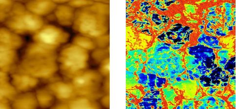 (Left) Topography and (Right) ResiScope™ resistance map of a perovskite solar cell film (2x2 µm scan). The electrical map reveals detailed resistance distribution across 10 orders of magnitude, highlighting variations in conductivity at grain boundaries that are critical for device optimization.