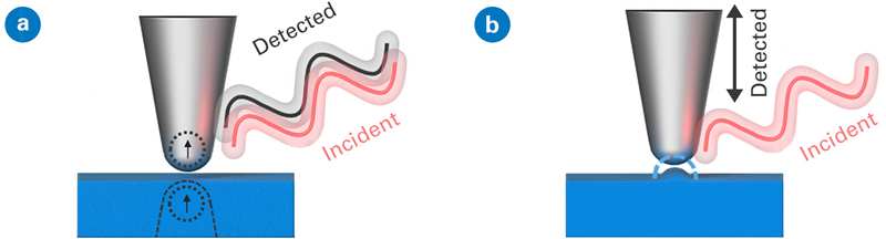 Representations of the operation of (a) s-SNOM and (b) AFM-IR