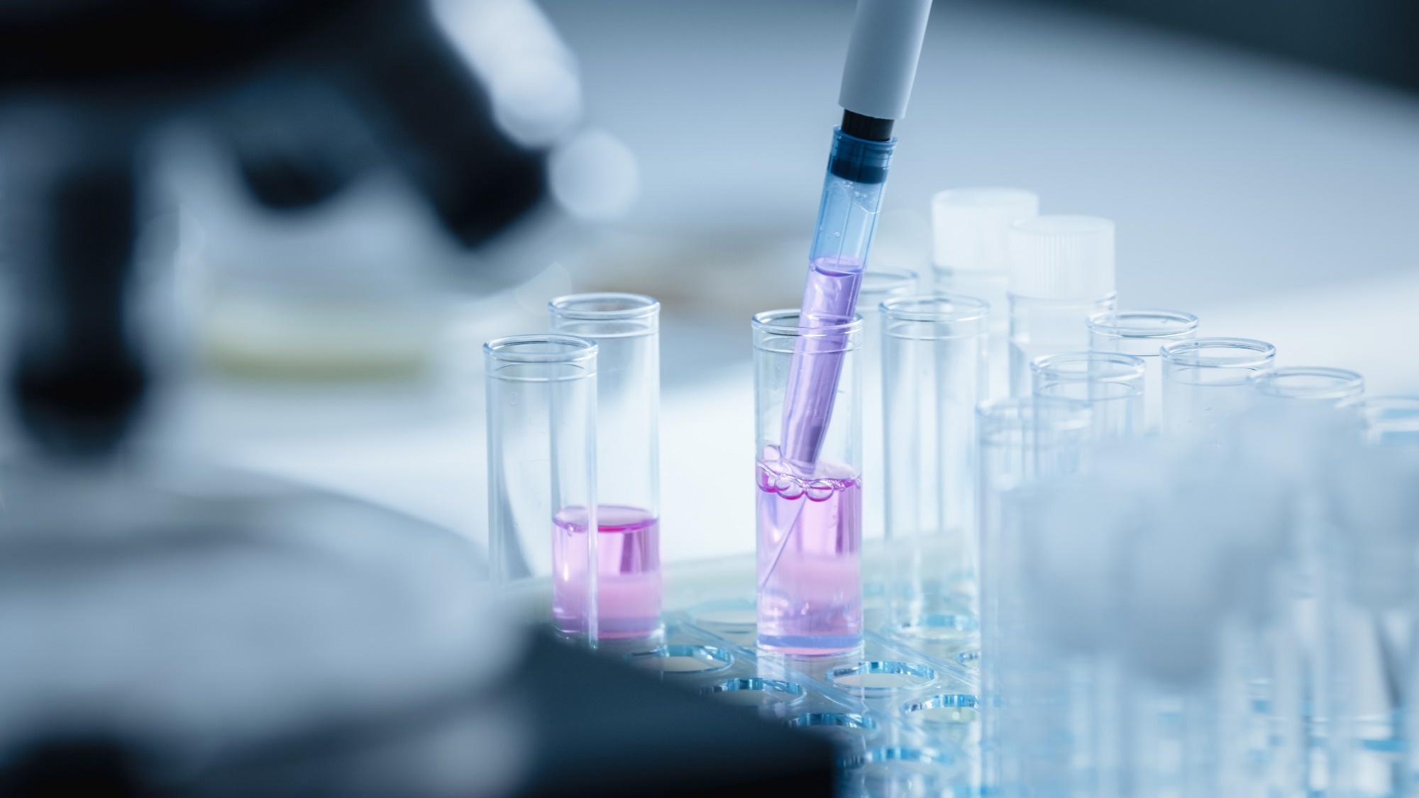 A micropipette is used to collect a sample of light pink liquid from a test tube.