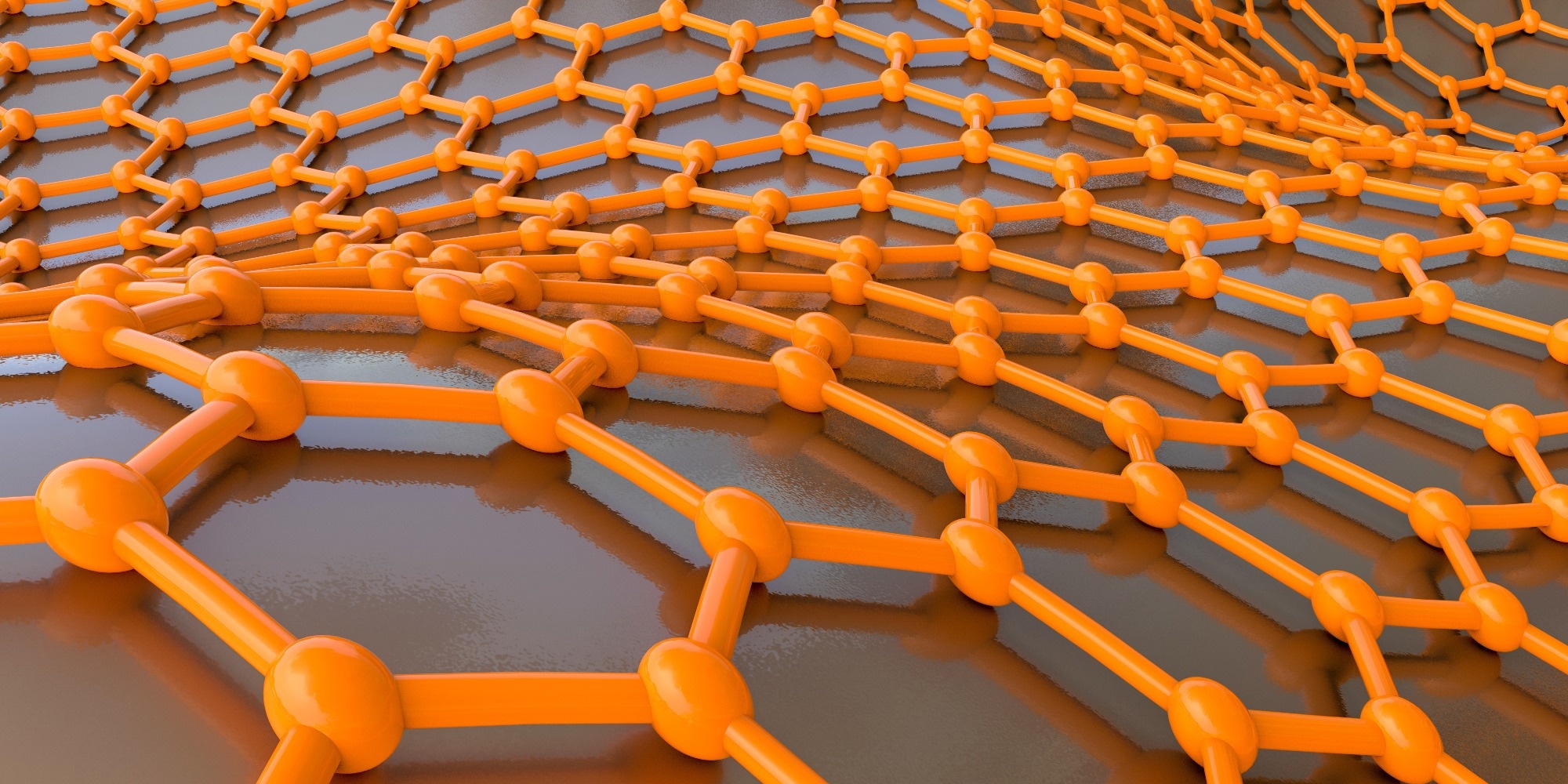 Vector illustration of a sheet of graphene. The bonds and atoms are orange against a grey background.