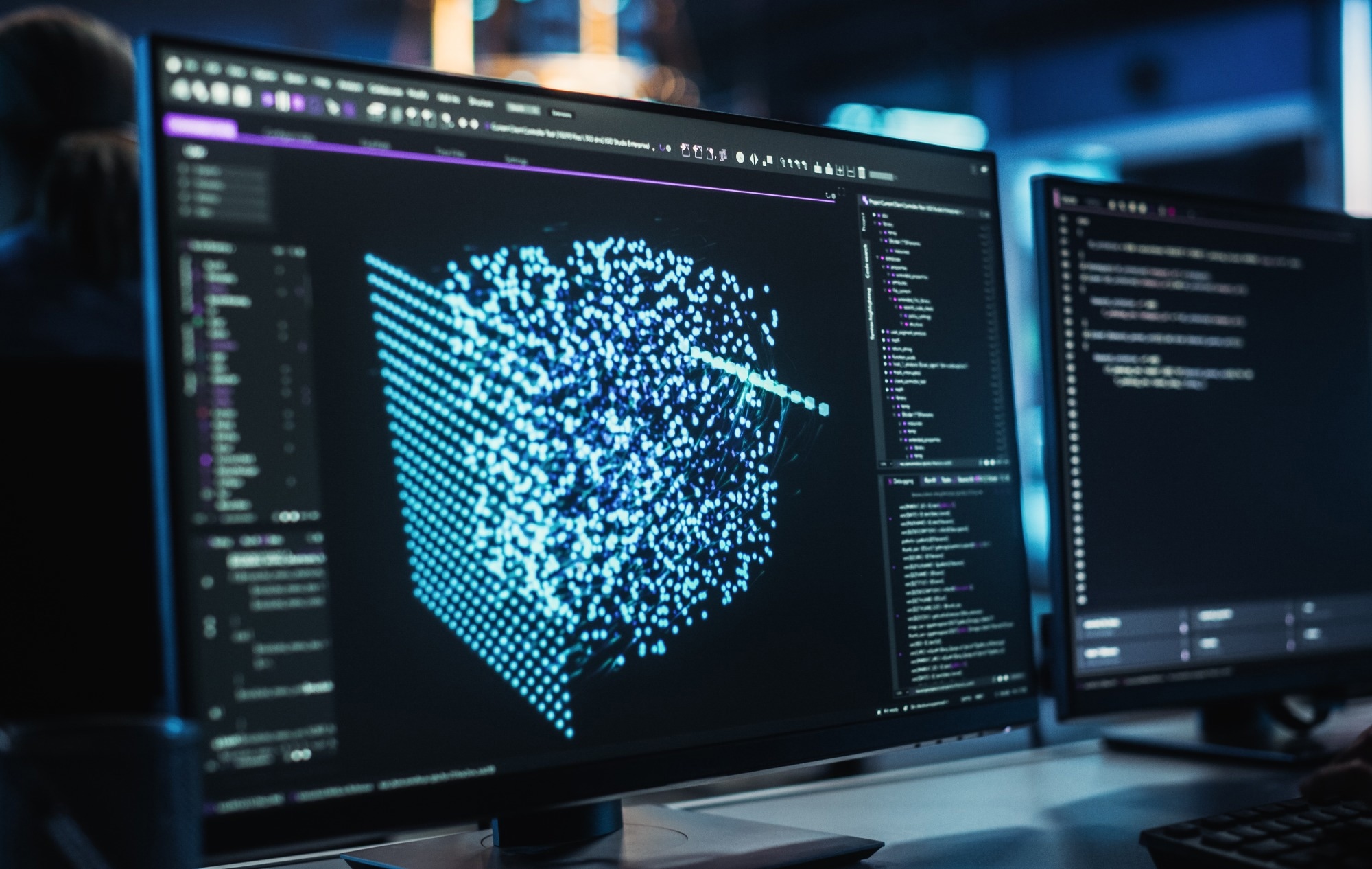 Quantum computing concept on a computer screen in a dark office like room.