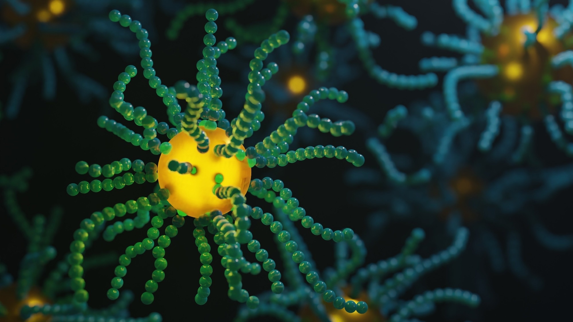 Illustration of a nanoparticle with polymers coating it