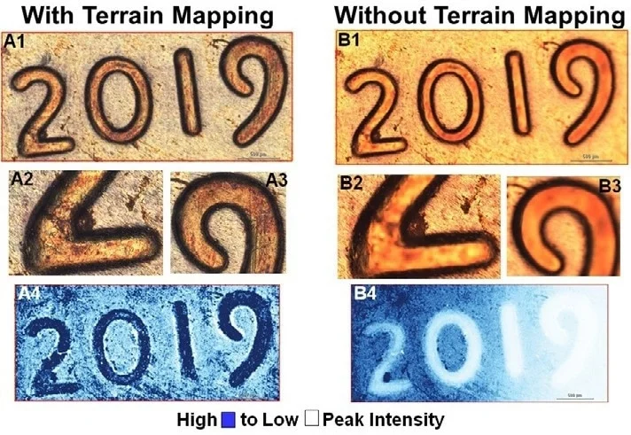 Comparing results collected with terrain mapping (A1-A4) and those collected at a single focal point without terrain mapping (B1-B4). A1-A3 and B1-B3 are visual mosaic images. A4 and B4 are Raman images based on the peak area of Cu2O at 645 cm-1, where the darker blue color indicates higher peak intensity and white represents lower peak intensity.