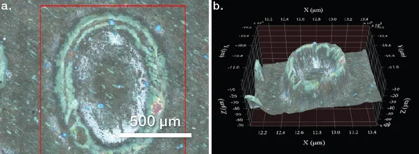 Visible terrain mosaic from Penny 3. A) 2D image. B) 3D image with the z-axis expanded to demonstrate surface topography