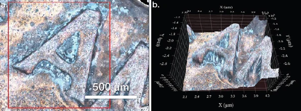 Visible terrain mosaic from Penny 4. A) 2D image. B) 3D image with the z-axis expanded to demonstrate surface topography