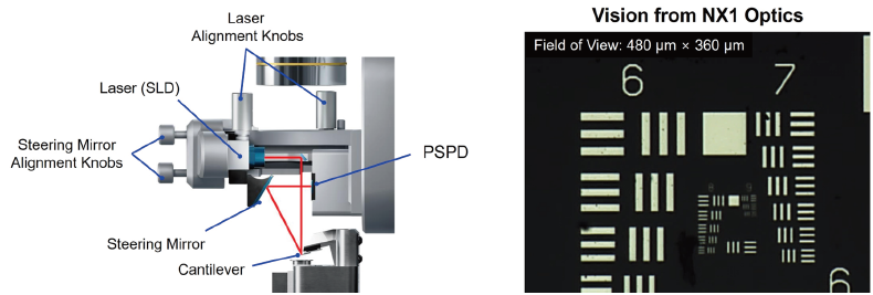 Laser beam alignment and optical vision of NX1. The laser beam alignment pathway enables cantilever deflection detection, while the on-axis optics provide a direct view of the sample surface