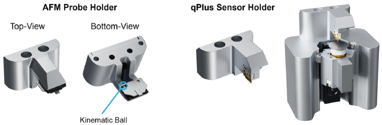 AFM probe holder and qPlus sensor holder for NX1. The system supports both standard AFM probes and optional qPlus sensors for high-resolution AFM measurements