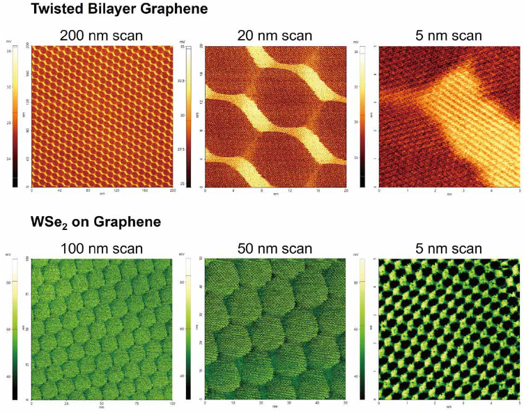 Multi-scale FMM imaging of twisted bilayer graphene and WSe2 on graphene using NX1. Moiré patterns are observed at larger scan sizes, while atomic lattice features are resolved at smaller scan sizes. The corresponding FMM measurement conditions were as follows: 512 × 512 pixels, and scan rates of 12 Hz for twisted bilayer graphene and 8 Hz for WSe2 on graphene. Scan sizes are indicated in each image