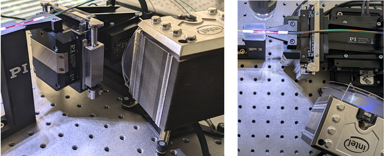 Front and top view of a forced-cooling fan coupled to a structure positioned near the PI (Physik Instrumente) LP NovAlign42 precision robotic aligner to understand the influence of localized fan airflow on edge-coupled fiber-array coupling using a four-channel, 50 µm core MM fiber with a loopback circuit (250 µm channel spacing).