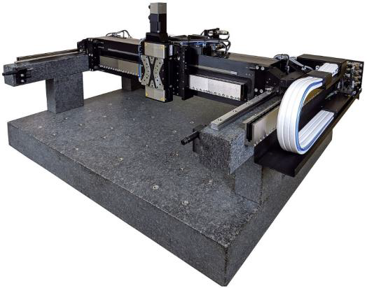 A-351 X-Y-Z gantries (Cartesian robots) come in various sizes, base materials, bearings, and motor options. Common in high-precision 3D printing, they offer advanced gantry control with coordinated multi-axis laser triggering on virtual axes. For particle-sensitive environments, low-contamination cable management solutions are available