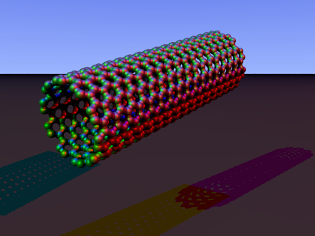 A single-walled carbon nanotube, formed by rolling a graphene sheet into a seamless cylinder