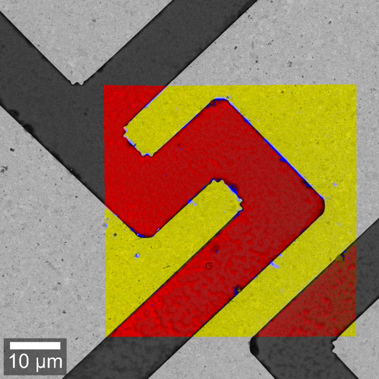 RISE image of a gallium arsenide sample. Gold substrate (yellow), GaAs (red) and residues from production (blue).