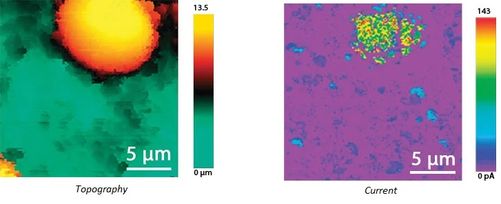 Simultaneous SECCM topography (left) and current (right) images of a LiFePO4 electrode.