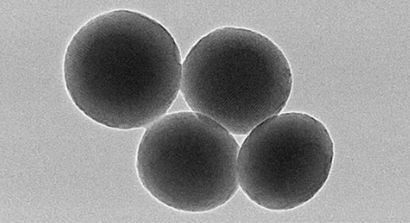 Mesoporous silica powder, accelerating voltage 120 kV, magnification x70,000.