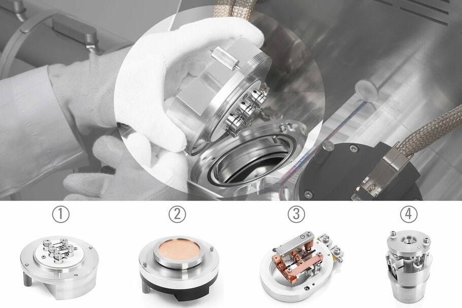 ACE600 configurable ports for two sources. Choose from: 1-carbon thread evaporation | 2-sputtering | 3-carbon rod evaporation | 4-e-beam evaporation.
