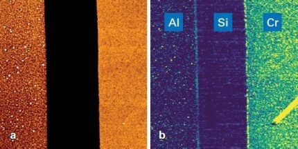 Contact resonance measurement on a layered sample consisting of aluminum, silicon and chromium. Scan size: 12 µm × 12 µm. a) Height range: 121 nm; b) Modulus range: 107 GPa.