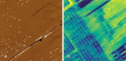 Kelvin Probe Force Microscopy (KPFM, dual-pass) on a DRAM (Core 2 Quad processor, Intel). Scan size: 85 μm × 85 μm. a) Height range: 68 nm; b) CPD range: 468 mV.