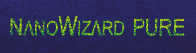 Piezoresponse Force Microscopy (PFM) of a ferroelectric polymer thin film (P(VDF-TrFE)) on a gold back electrode on silicon. A sequence of voltage pulses was generated from a bitmap template (black = +20 V, white = 0 V) to write the logo into the piezoelectric polarization of the sample