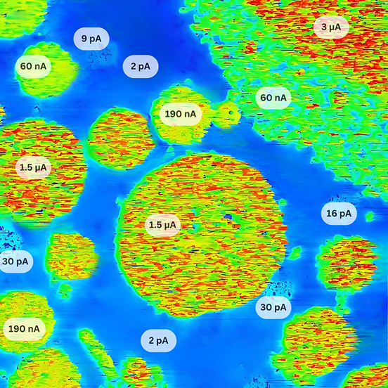 Sample: Polymer battery. Mode: Soft ResiScope. Scan size: 60 microns. Signal: Current from 2 pA to 3 µA