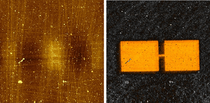 Sample: Metallic structure embedded on epoxy. Mode: 1. Topography 2. HD-KFM dC/dZ. Scan size: