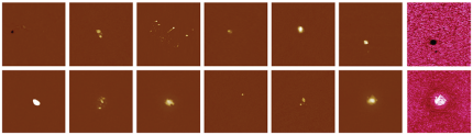 High-resolution height scans of various nanometer-scale defects (2x2 µm scans), and simultaneously acquired adhesion measurements (final two images, in pink) further aiding defect classification.