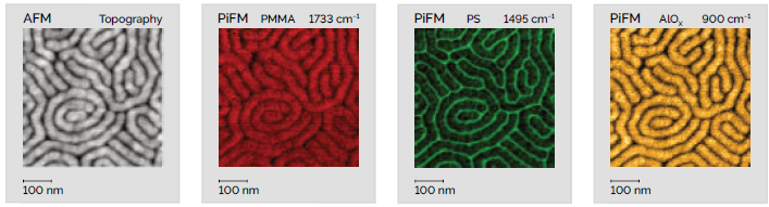 Both organic and inorganic samples can be analyzed equally well using PiFM and PiF-IR. Here, a PS-b-PMMA block copolymer has undergone sequential infiltration synthesis to produce aluminum oxides in the PMMA block. The sample was exposed to a vapor of trimethyl aluminum, which should only react with carbonyl groups in the PMMA. Subsequent exposure to water vapor converts the trimethyl aluminum into aluminum oxide. PiFM analysis after this process confirms the block-selective infiltration by the presence of a new broad peak from 800 to 1100 cm−1 (not shown). A PiFM image taken at 900 cm−1 (yellow image) highlights the infiltrating alumina in the PMMA blocks, demonstrating the exceptional resolution of PiFM chemical mapping even on inorganic samples